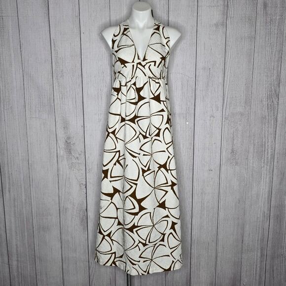 VTG Handmade Brown/White Abstract Floral Open Back Maxi Halter Dress, sz Small - Picture 2 of 7